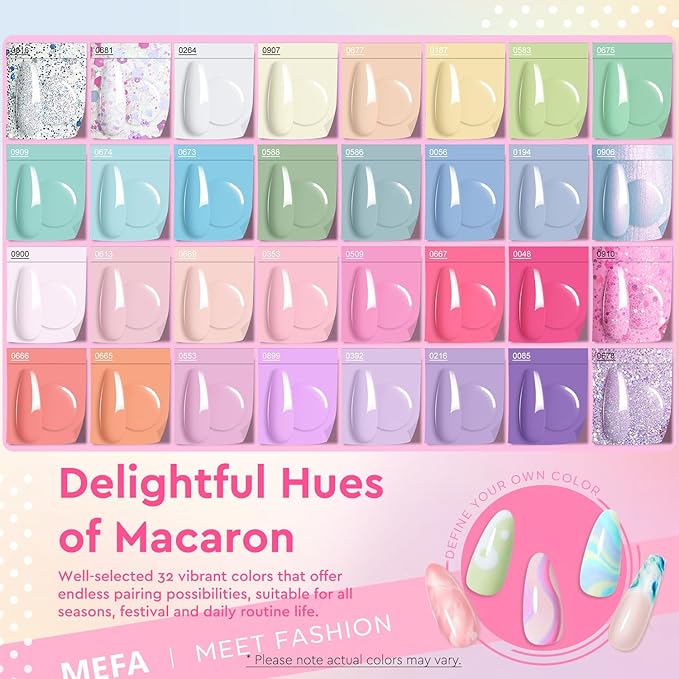 MEFA 35 Pcs Pastel Gel Nail Polish Set, 32 Colors Spring Collection Gel Nail Polish Kit Macaron Pink Green Nail Art Manicure DIY Home Decoration Beginners Gifts for Women Girls