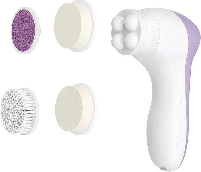 Bella Ciao 6-Piece Facial Cleansing and Exfoliating Set with Soft Facial Brush, Rolling Massager Head, Latex Sponge, Makeup Sponge, and Callus-Remover Disc, Batteries Not Included, Lavender