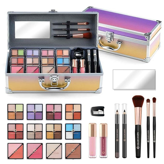 Color Nymph Girls Makeup Kit for Teen | Full Starter Cosmetics Makeup Set With Train Case | Included 32 Colors Eyeshadow, Bronzer, Contour Powder, Blush, Highlighter, Lip Gloss (Pink)
