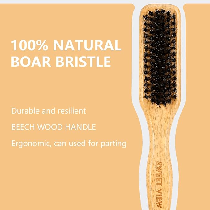 Boar Bristle Slick Back Hair Brush for Smooth Flyaways, Frizz, Sleek Ponytail, Buns and Edge Baby Hair, Teasing | Gel Comb Styling Accessories for Girls, Kids and Women
