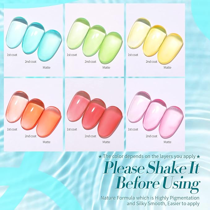 Born Pretty Jelly Gel Nail Polish Set Spring Summer Crystal Glass Translucent Pastel Gel Polish Blue Red Green Yellow Pink Soak Off U v Gel Polish 7ML 6PCS