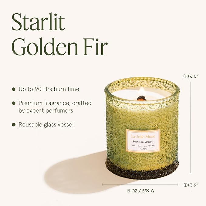 LA JOLIE MUSE Christmas Candle | Starlit Golden Fir | Pine, Cedarwood & Fir Balsam | 19 oz Large Wooden Wick Soy Candle | 90 Hours Clean Burn | Gift-Ready for Christmas & Winter Gatherings