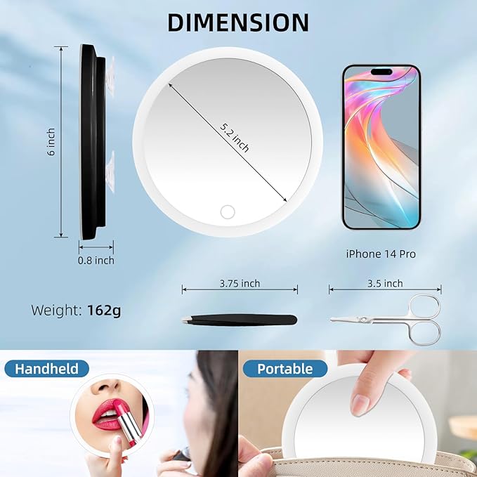 30x Lighted Magnifying Mirror with Suction Cups, Large 6'' Magnified Mirror with Light High Magnification Travel Makeup Mirror, Rechargeable Battery, 3 Colors Dimming Light, with Tweezers &Scissors