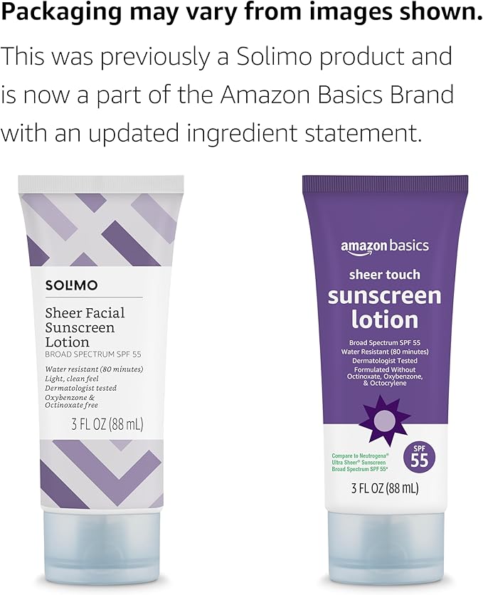 Amazon Basics Sheer Facial Sunscreen SPF 55, UVA/UVB Protection, Water Resistant (80min), Formulated without Octinoxate & Oxybenzone, 3 fl oz (Pack of 1) (Previously Solimo)