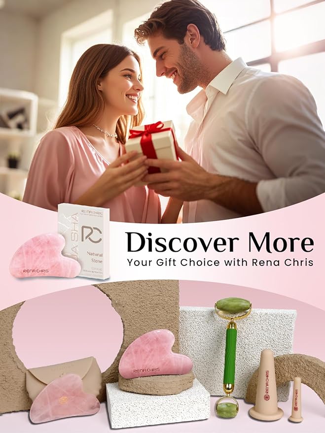 Rena Chris Gua Sha Facial Tools, Rose Quartz Guasha Tool for Acupuncture, Manual Massage Tool for Jawline Sculpting and Puffiness Reducing, Gua Sha Facial Massage Tool, Skin-Care Gift