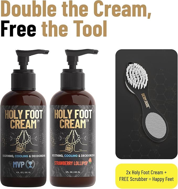 Derm Dude Holy Foot Repair Set | 2X Foot Creams Plus 4-in-1 Foot Scrubber Repair Tool | W/All-Natural DeoPlex for Odor Control - MPV & Strawberry