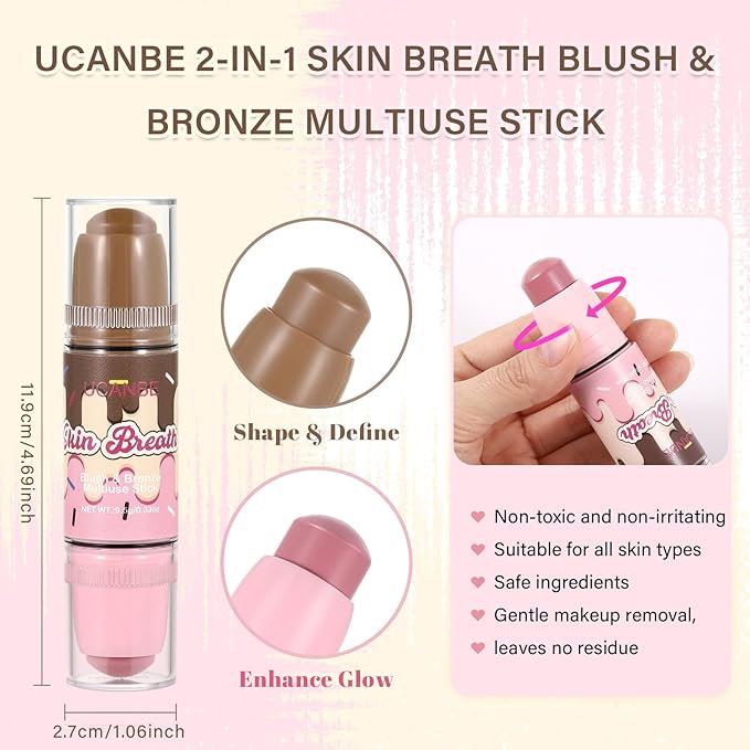 UCANBE Skin Breath Blush & Bronzer Multiuse Stick, 2-in-1 Creamy Face Cheeks Contour Makeup Stick for Natural Radiant Finish Look, Vegan & Cruelty-Free, Travel-Friendly (02 Pink Rose)
