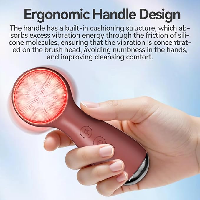 Facial Cleansing Brush Electric, Silicone Heated Face Scrubber with 7 LED Lights, Rechargeable Vibration Exfoliating Cleanser for Deep Cleaning & Gentle Massage, Skin Care Tool, Ideal Gift (Brown)