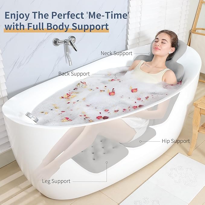 Bath Cushion, Full Body Bathtub Pillow with 160 Suction Cups, Bath Mat for Head and Neck Support, with Laundry Bag (Dark Gray, 56.2" x 16.2")
