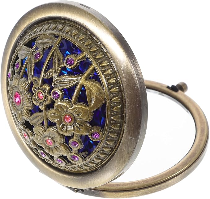 Baluue Retro Metal Compact Mirror, Zinc Alloy Foldable and Portable Travel Rhinestones Makeup Mirror Double Sided for Cosmetic, Bronze, Random Style