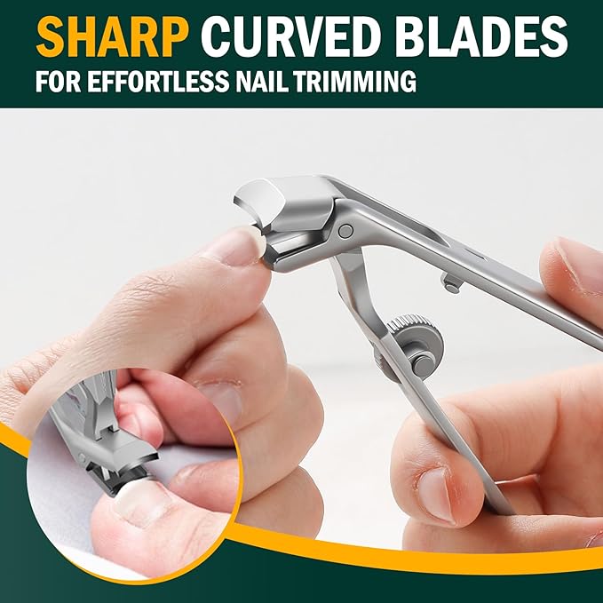 FVION Angled Head Toe Nail Clippers for Thick Nails - Ergonomic Long Handle Toenail Clippers for Seniors with Safety Lock, Stainless Steel Finger Nail Clippers with Catcher for Men and Women (Silver)