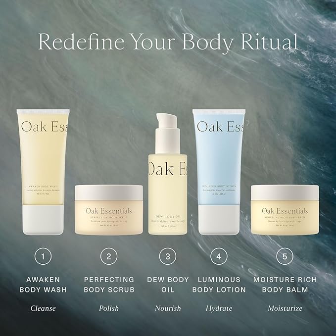 Oak Essentials Travel Body Routine | TSA-Friendly Mini Body Care Set with Wash, Scrub, Lotion, Oil, & Balm + Linen Travel Bag