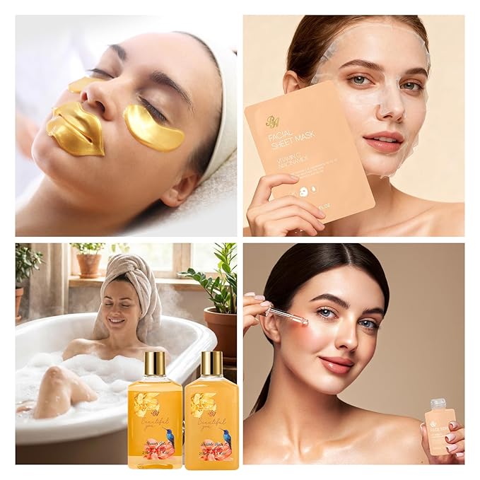 25 Pcs Valentines Day Gifts for Women, Bergamot & Rose Bath & Body Gift Set, Hydrating Skin Care Kit, Pamper Self Care Gifts, Leather Bag, Serum, Necklace, Christmas, Birthday, Mothers Day