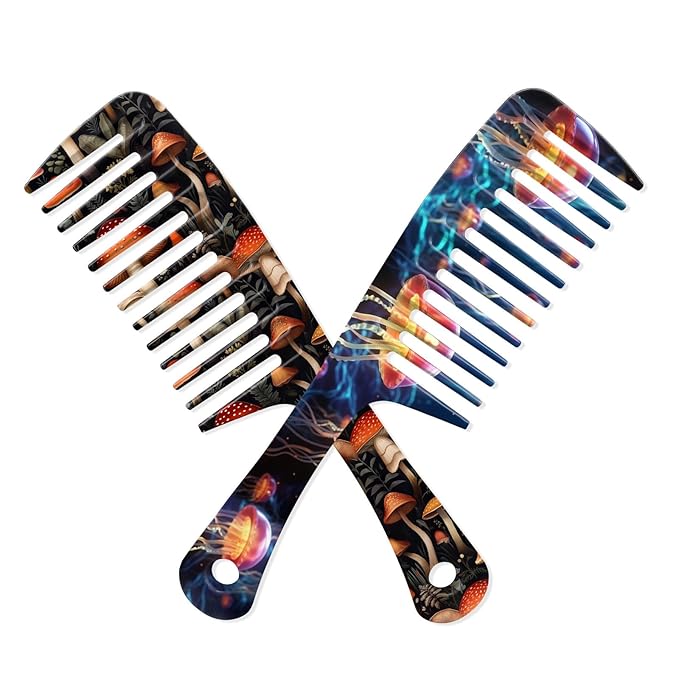 2PCS Wide Tooth Comb,Effortless Tangle Removal for Long Hair Styling Comb for Curly,Wet,Cute Aesthetic Design for Women Men and Girls(Blue-Jellyfish Mushroom-17)