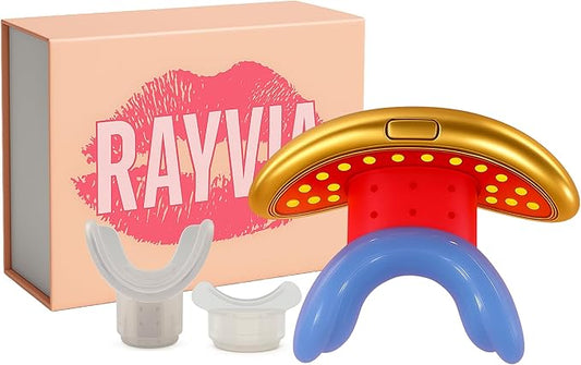 Rayvia - Red Light Therapy Device for Face, Lips - Lip Plumper - Collagen Booster - Anti-Aging Skincare Tool for Women - Fine Line Reducer - Blue Light Whitening Mouthpiece - Home Beauty (Gold)