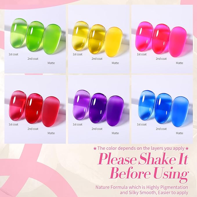 Born Pretty Christmas Jelly Gel Nail Polish Neon Spring Summer Gel Polish,Hot Pink Red Purple Blue Green 6Colors Translucent Effect,Soak Off U v LED Light Cure Nail Art Kit Salon Manicure DIY at Home