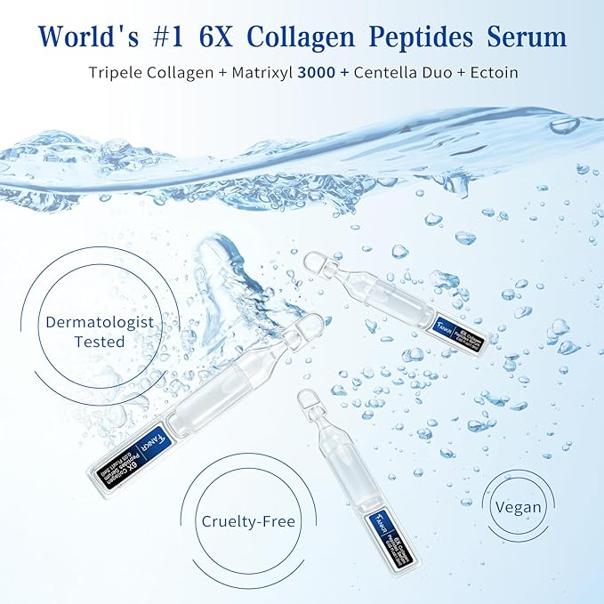 6X Collagen Peptides Serum for Face – Triple Collagen, Matrixyl 3000, Centella & Ectoin – Anti-Aging Facial Serum for Firming, Smoothing & Hydration | 30e x 0.05 Fl.oz (30 x 1.5ml)