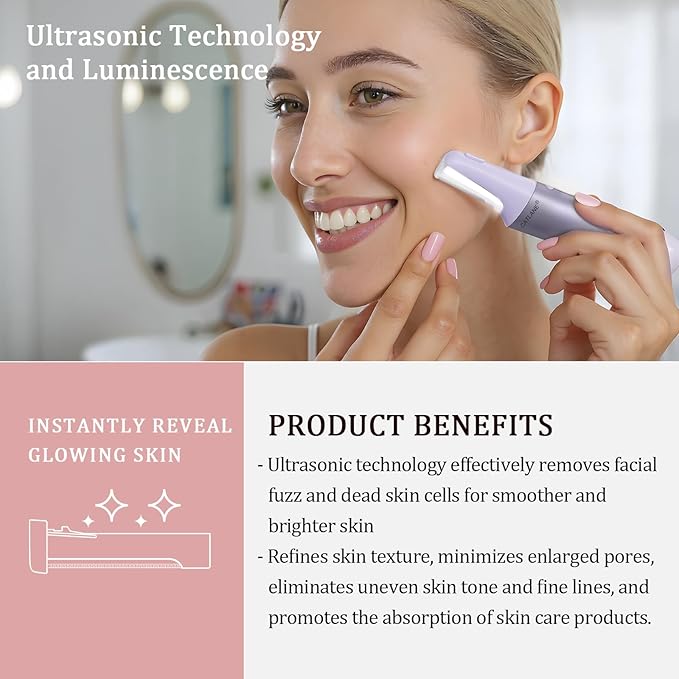 Dermaplane Razor for Women Face, Dermaplaning Tool for Face, Sonic Smooth Exfoliation & Peach Fuzz-Hair Removal System with 10 Dermaplaning Blades, Twilight Purple