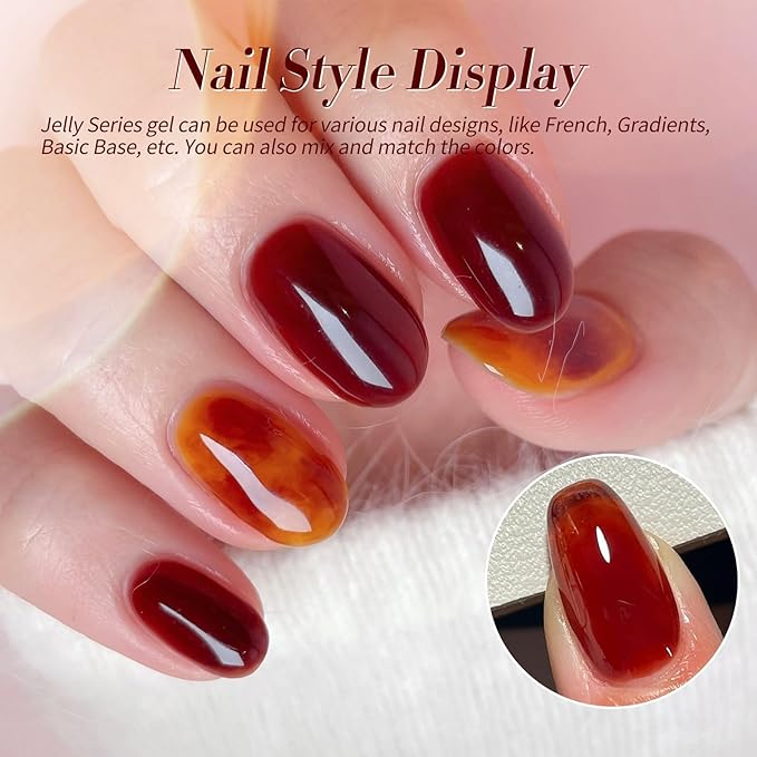 Born Pretty Fall Winter Jelly Gel Nail Polish Amber Crystal Transparent Brown Orange Red Blooming Marble Effects Gel Polish Nail Art Manicure DIY at Home and Salon 6PCS 7ML