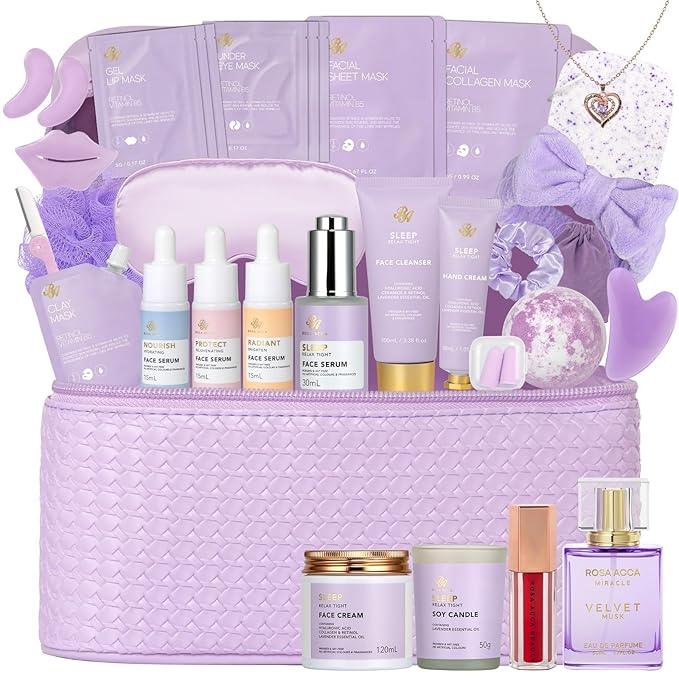 33 pcs Valentines Day Gifts for Women, Lavender Spa Bath & Body Gift Set, Face Sheet Mask Skin Care, Hydrogel Mask, Lip Gloss, Cosmetic Bag, Serum, Necklace, Cleanser, Gua Sha, Mother Day, Birthday
