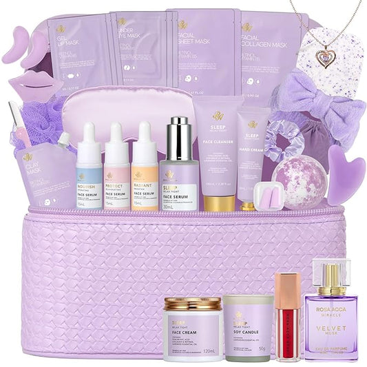 33 pcs Valentines Day Gifts for Women, Lavender Spa Bath & Body Gift Set, Face Sheet Mask Skin Care, Hydrogel Mask, Lip Gloss, Cosmetic Bag, Serum, Necklace, Cleanser, Gua Sha, Mother Day, Birthday