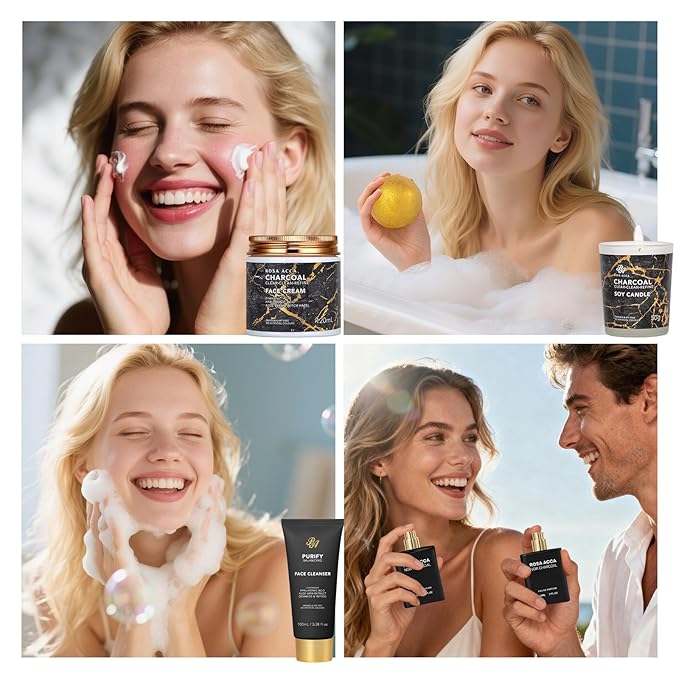 25 Pcs Bath & Body Gift Set for Women, Charcoal Skin Care Kit, Spa Gift Basket, Self Care, Cosmetic Bag, Serum, Necklace, Perfume, Eye Mask, Present, Christmas, Valentine's, Birthday, Mother's Day