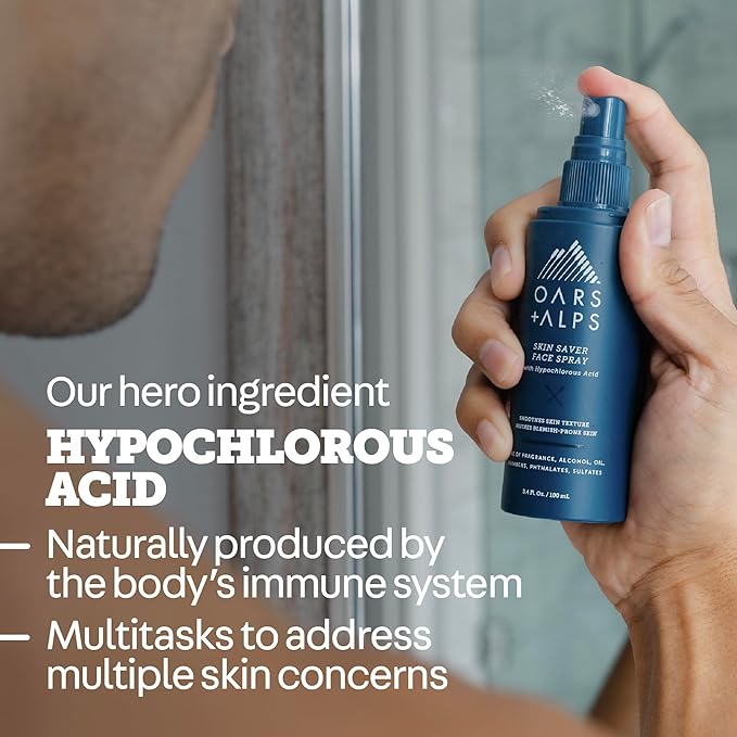 Oars + Alps Skin Saver Facial Spray for Sensitive Skin, Face Spray with Hypochlorous Acid for Breakouts, Itchy, Acne- Prone Skin, Rashes, Redness, Workouts, Traveling, Safe & Clean Ingredients, 3.4oz