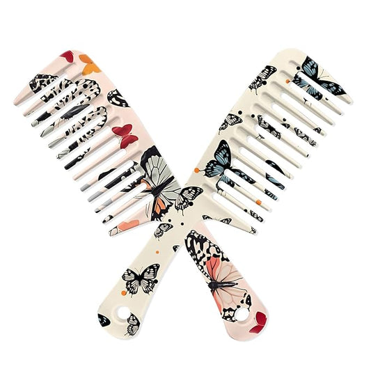 2PCS Wide Tooth Comb,Effortless Tangle Removal for Long Hair Styling Comb for Curly,Wet,Cute Aesthetic Design for Women Men and Girls(Yellwo-Butterfly-05)