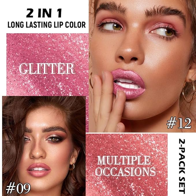 evpct 2Pcs Pink Red Hot Pink Metallic Glitter Lip Liner and Lipstick Combo, Shimmery Lip Gloss Stain Set Makeup for Women Long Lasting Waterproof 24, Metallic Shimmer Iridescent Glossy Liquid Lipstick