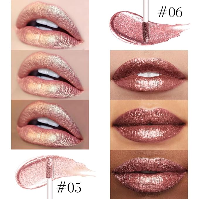 evpct 2Pcs Beige Gold Mature Red Metallic Glitter Lip Liner and Lipstick Combo, Shimmery Lip Gloss Stain Set Makeup for Women LongLasting Waterproof, Metallic Shimmer Iridescent Glossy Liquid Lipstick