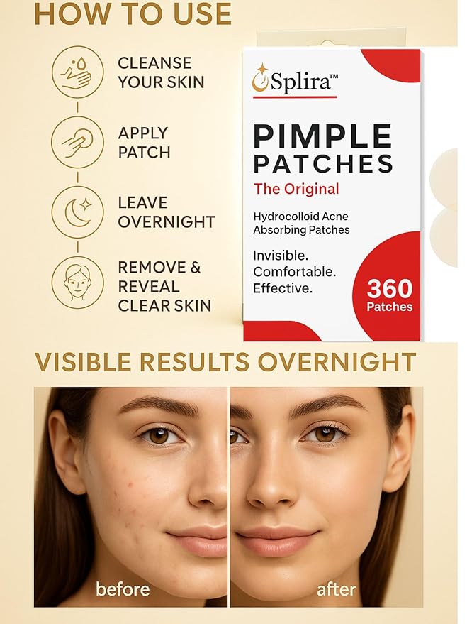 Splira™ Pimple Patches for Acne, Hydrocolloid Zit Stickers for Face, Invisible Blemish Spot Treatment, Overnight Acne Healing Hydrocolloid Patches, 360 Count
