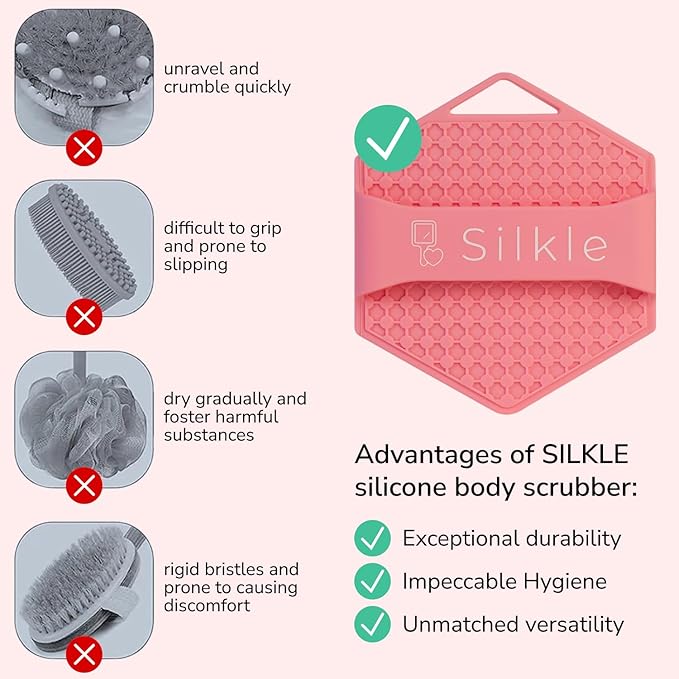 Silicone Body Scrubber - Exfoliating Bath Brush and Skin Cleanser - Shower Sponge for Gentle Body Scrub and Wash - Silicone Scrubbing Care Tool for a Refreshed and Renewed You - Pink