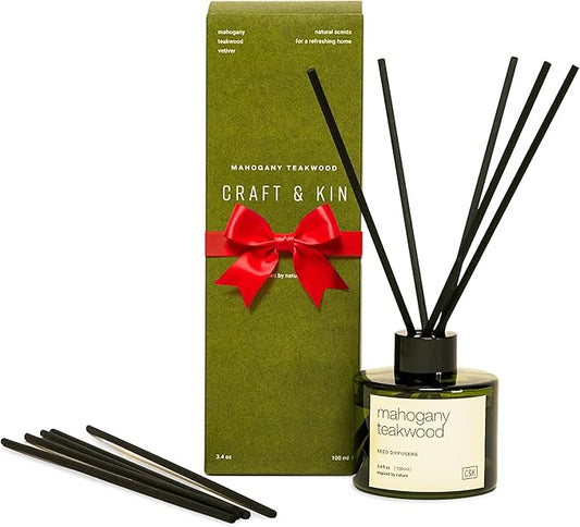 Craft & Kin Reed Diffuser Set Oakwood, Mahogany & Vetiver, Christmas Reed Diffusers for Home, Fragrance Diffuser Sticks, Oil Diffuser Sticks, Oil Diffuser with Sticks, Reed Diffuser for Men