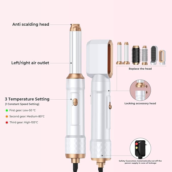 6 in 1 Air Styler Magic Hair Dryer Brush, Negative Ionic Blow Dryer Brush & 3 Heat Settings, Detachable Auto Curling & Straightening Volumizing, Frizz-Free Styling, Salon to Home Use (White-Pink)