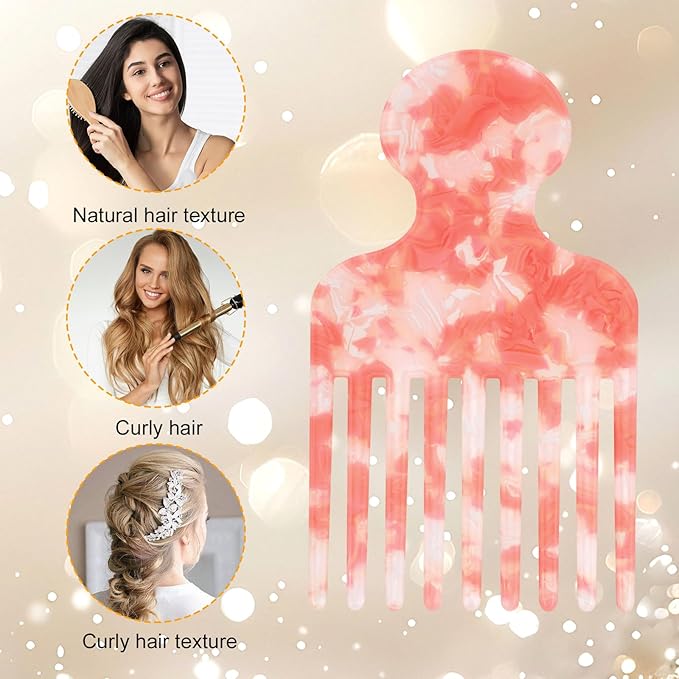 Wide Tooth Hair Pick Comb for Curls, 12cm/4.72in Detangling Lifting Comb Long Tooth Afro Pick Hair Styling Tool for Women Men Barber Supplies (Floral Pink)