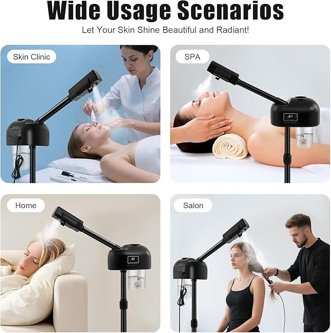 Stand Professional Ozone Facial Steamer with Digital Display, Adjustable Height & Rolling Base, Timer Function, 360° Rotatable Nozzle, Hot Mist Function, Use for Home, Salon SPA (Black)
