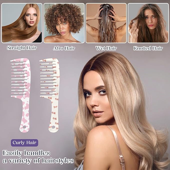 2PCS Wide Tooth Comb,Effortless Tangle Removal for Long Hair Styling Comb for Curly,Wet,Cute Aesthetic Design for Women Men and Girls(Pink-Cow Bow-02)