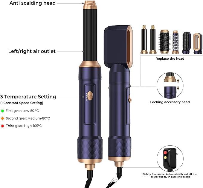 6 in 1 Air Styler Magic Hair Dryer Brush, Negative Ionic Blow Dryer Brush & 3 Heat Settings, Detachable Auto Curling & Straightening Volumizing, Frizz-Free Styling, Salon to Home Use (Blue)