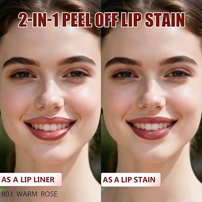 Lip Liner Stain Peel Off with Tweezer, Long Lasting Matte Lip Tattoo, Highly Pigmented Color Lip Makeup, Waterproof, Transfer-proof Lipstain for Women, WARM ROSE