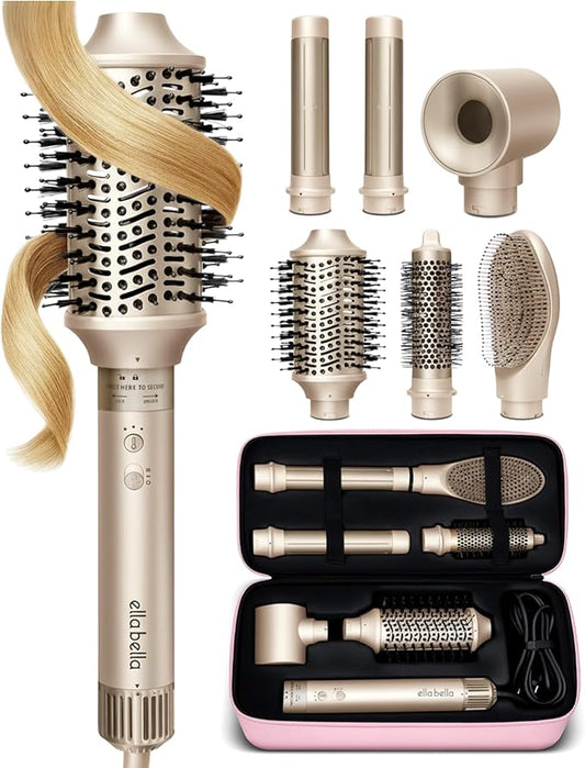 ELLA BELLA® 6 in 1 Professional Hot Air Styler • Powerful Hair Dryer & Straightener Set • Styling Without Heat Damage • Fast Drying Curling Volumizing Straightening • Includes Protective Travel Case