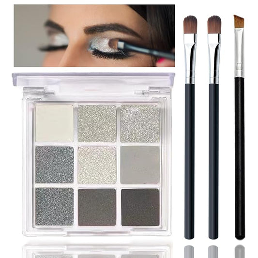 Black Smoky Eyeshadow Palette - Silver Shimmer, Grey, Gold, Brown - 9 Colors - Glitter & Matte Finish - Long Lasting, Waterproof - Pearl Eye Shadow Palette - Includes Eyeshadow Brush