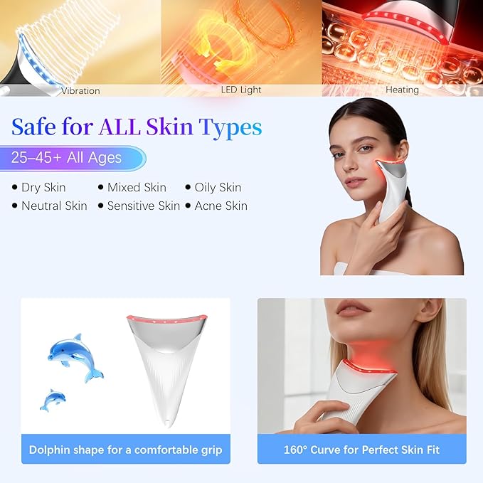 7 Color LED Neck Face Massager Red Light Care Beauty Device, Vibration & Heat Facial Sculptor Massager Tool for Anti-Wrinkle Skin Care, Ideal for Home Travel Gifts, White