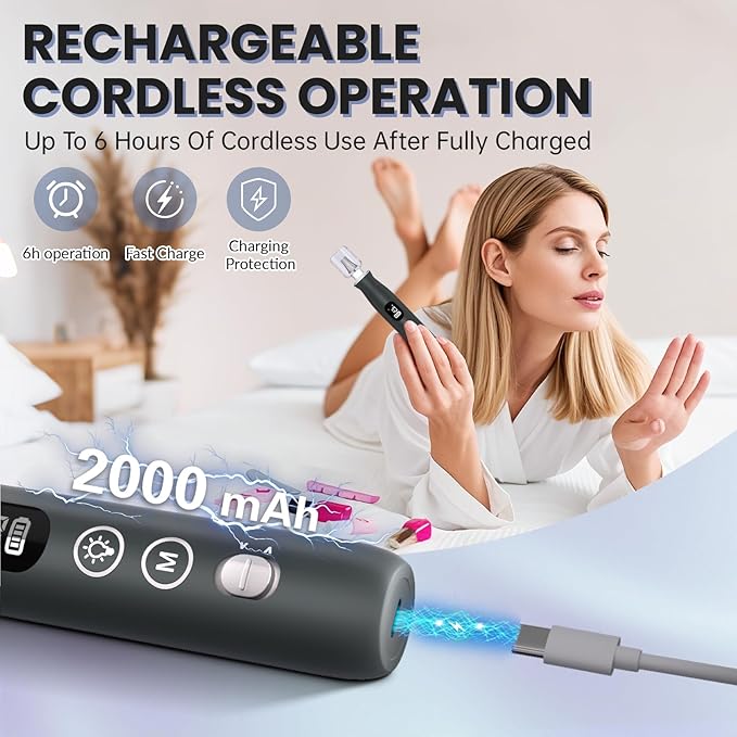 Electric Nail File Drill, Cordless 2000 mAh Rechargeable Nail Filer Electric 12 in 1 Kit Nail Grinder Tool Portable Professional Nail Dril Machine for Acrylic Manicure and Thick Toenails Grinder Care