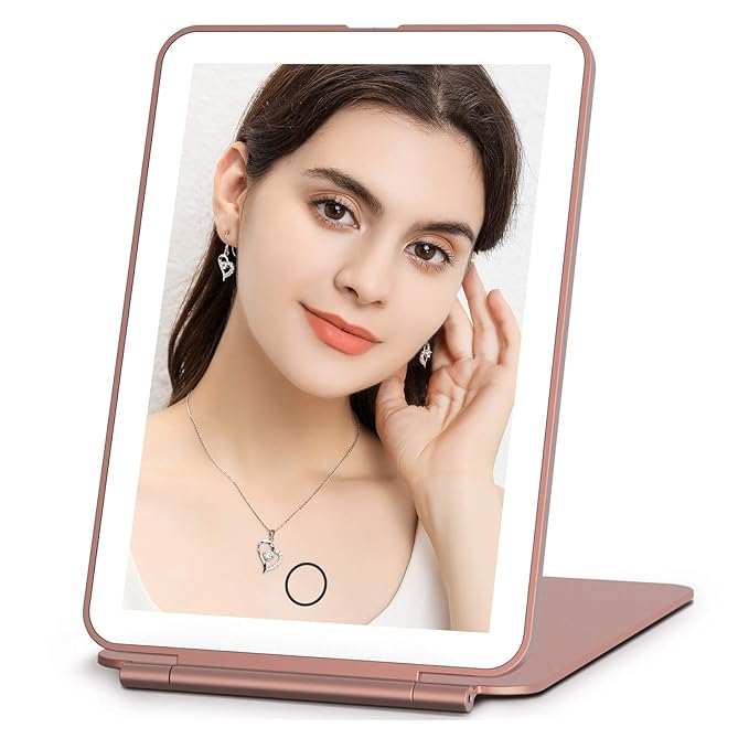 FUNTOUCH Rechargeable Travel Makeup Mirror with 72 Led Lights, Portable Lighted Beauty Mirror, 3 Color Lighting, Dimmable Touch Screen, Tabletop LED Folding Cosmetic Vanity Mirror