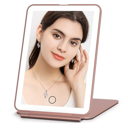 FUNTOUCH Rechargeable Travel Makeup Mirror with 72 Led Lights, Portable Lighted Beauty Mirror, 3 Color Lighting, Dimmable Touch Screen, Tabletop LED Folding Cosmetic Vanity Mirror