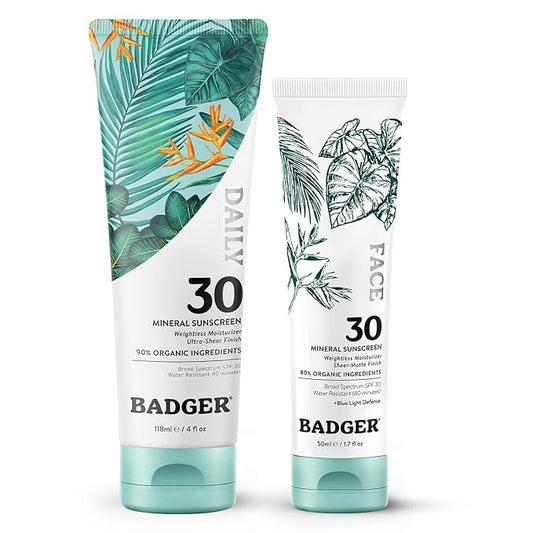 Badger Mineral Daily and Face Sunscreen Combo, SPF 30 Lightweight Organic Mineral Sunscreens with Zinc Oxide, Hydrating Everyday Sunscreen Lotions for Face & Body, Vegan & Unscented, 2-Pack
