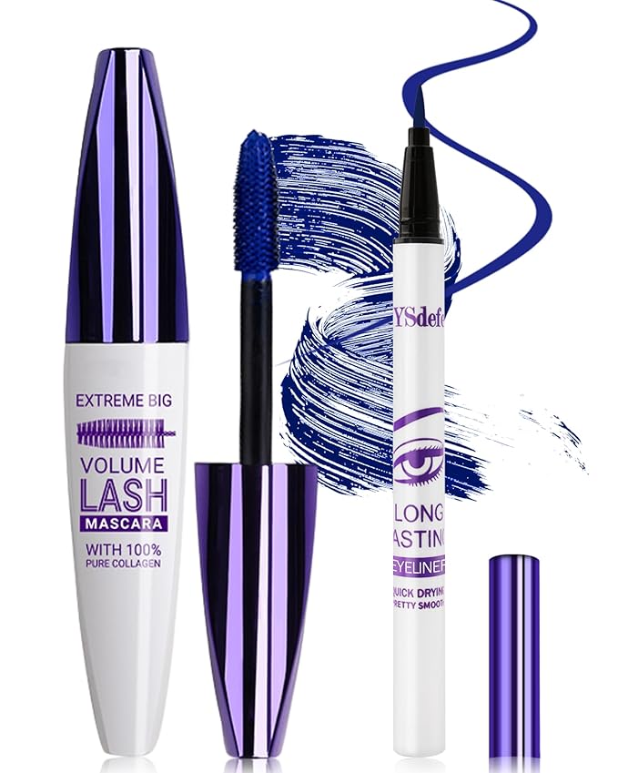 Blue Mascara Liquid Eyeliner Set, Update Longlasting Waterproof Color Eye Liner Pen, 5D Silk Fiber Colored Mascara Volume and Length, Christmas Party Stage Use Eye Makeup Gift Kit for Women Girl-04