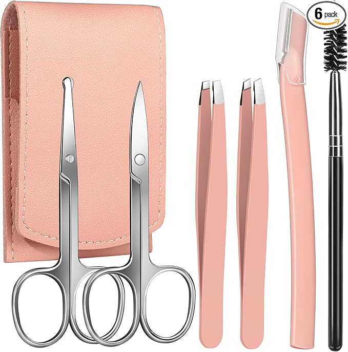 FANDAMEI Eyebrow Kit with Leather Case - Eyebrow Scissors, Tweezers, Razor, Brush for Women & Men - Facial Hair & Ingrown Hair Removal