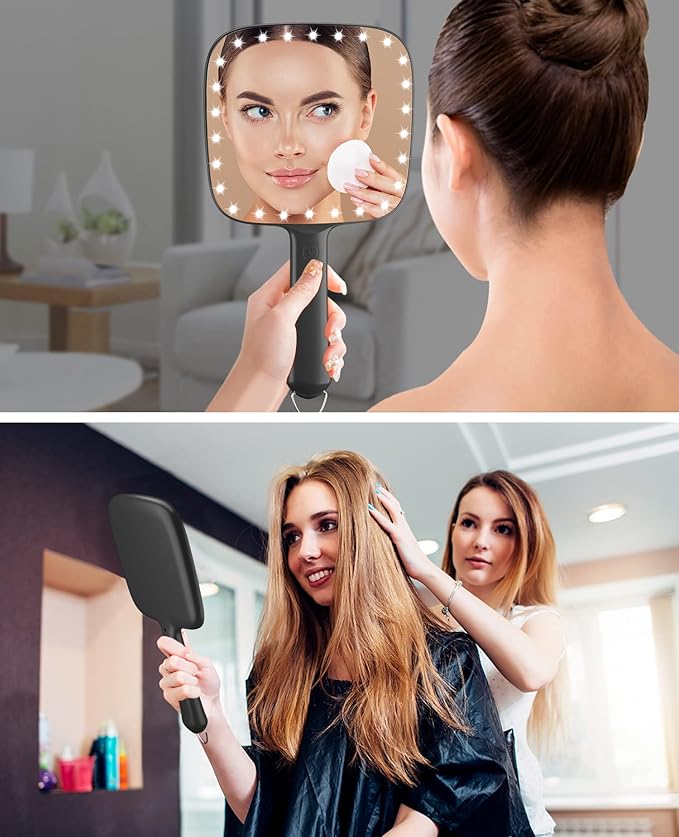 Famihomii Lighted Handheld Mirror, 6.2"x 5.9" Square Glass Frame with LED Beads, Battery Operated, Ideal for Haircut, Shaving, Makeup, and Wound Care