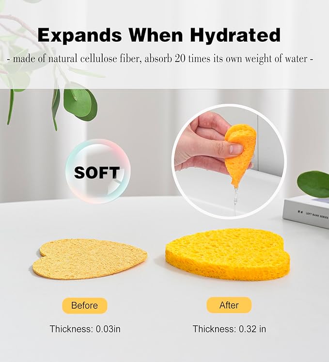 50-Count Compressed Facial Sponges for Estheticians- 100% Natural Cellulose Face Sponge Spa Sponges for Face Cleansing, Massage, Pore Exfoliating, Mask, Makeup Removal (Love-Yellow)
